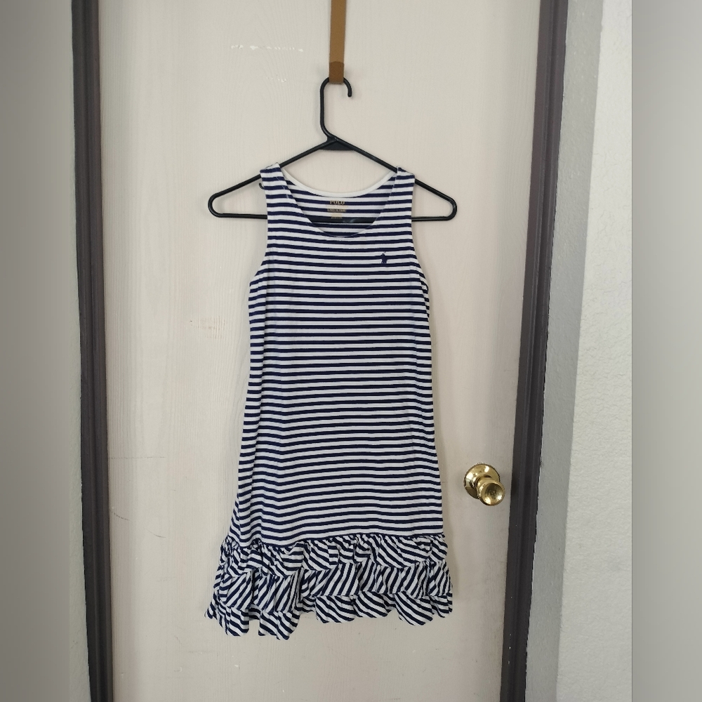 Polo Ralph Lauren Dress Nautical strip tank top ruffle blue and white l 12/14